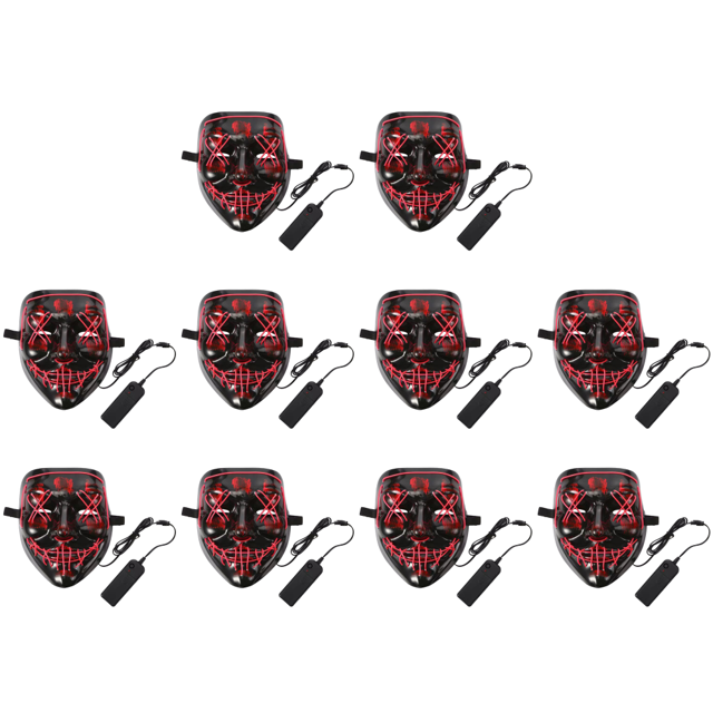 10uds. Máscara facial completa Halloween LED luminosa fiesta de vacaciones accesorios de vestir rojo