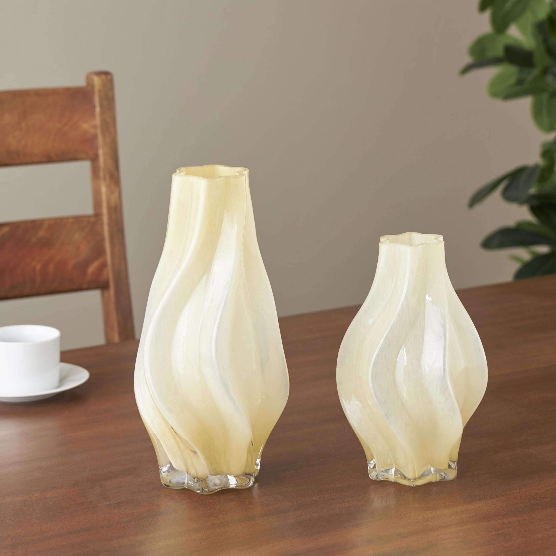 DecMode 13", 9"H Abstract Wavy Ombre Yellow Glass Vase, Set of 2