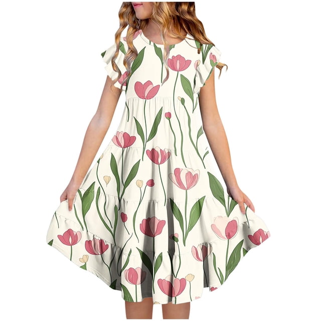Vestido de Verano de Manga Corta para Niñas Estampado de Flores con Cuello Redondo, Vestido de Manga Corta para Niños con Bolsillos