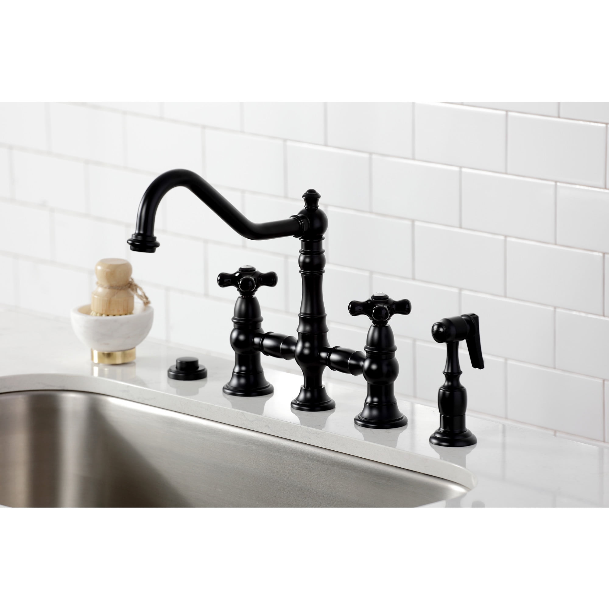 Kingston Brass KS3270PKXBS Duchess Bridge Kitchen Faucet with Brass Side Sprayer, Matte Black