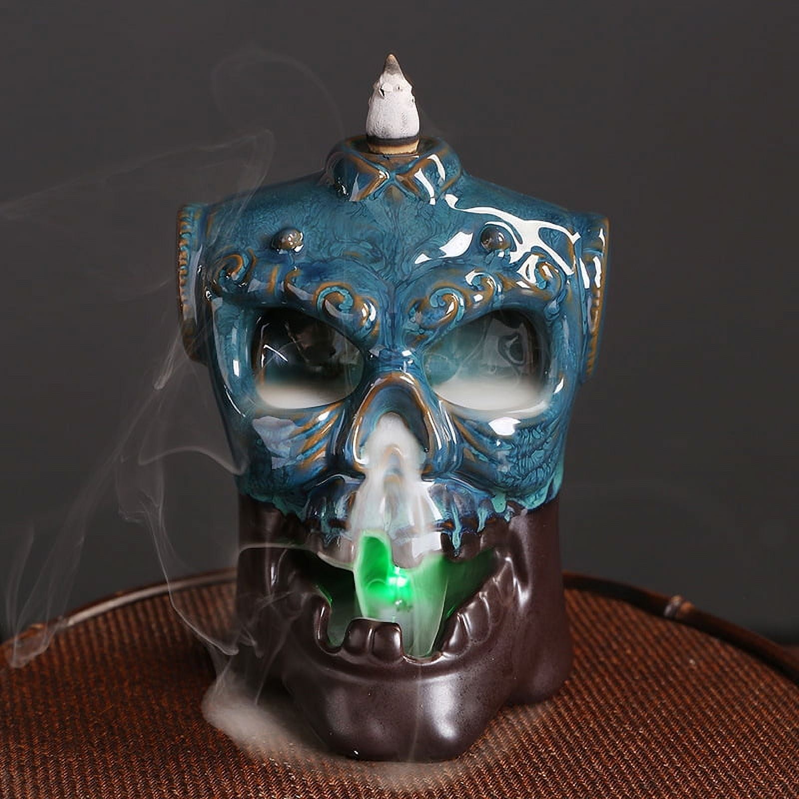 Creative European Skull Backflow Incense Burner Ceramic LED Light Backflow Aromatherapy Furnace Holder for Living Room Teahouse Decoration