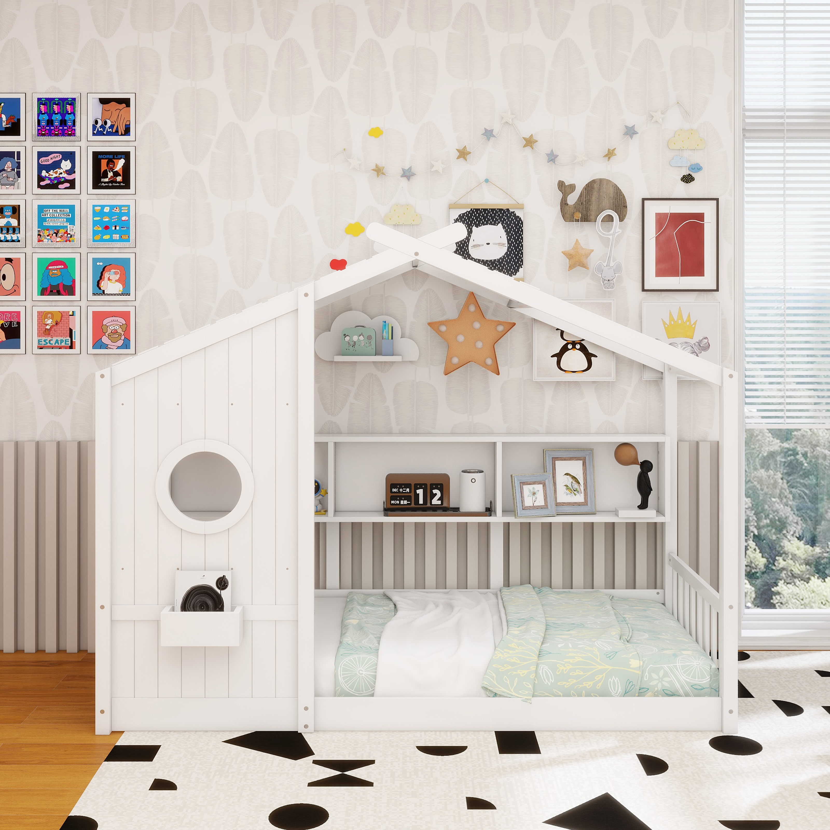 Twin Size Floor House Bed for Toddler, Kids Montessori Bed with Storage Shelf, Playhouse Bed with Roof Design, White