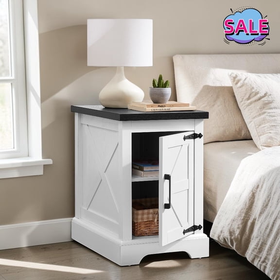 Hassch 2-Tier Side Table with Barn Door, End Table with Adjustable Shelf, Farmhouse Nightstand for Living Room, Bedroom, Space Saving, White & Black