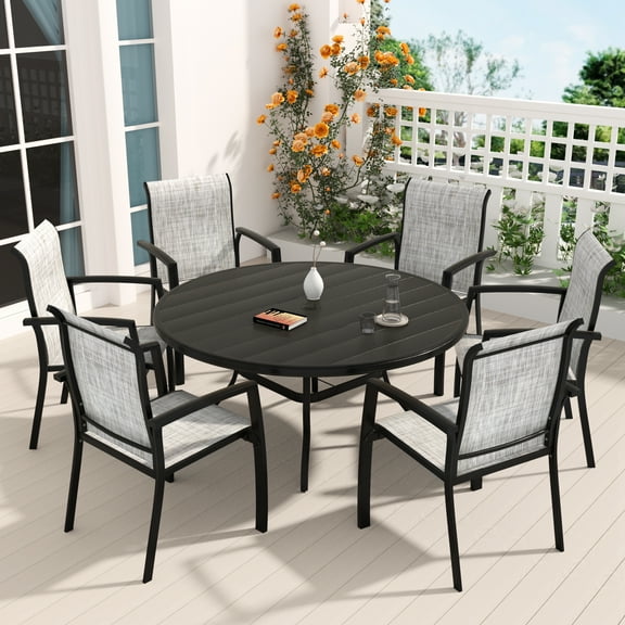 7 Pieces Patio Dining Set, Patio Furniture Set of 6 Patio Stackable Dining Chairs and 52.95" Outdoor Metal Round Table