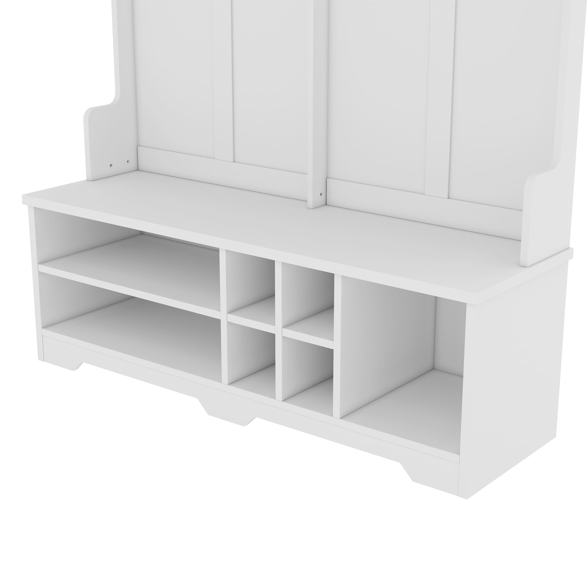 T-Foyer Modern White Hall Tree with 6 Hooks & Bench, Wooden Rustic Entryway Organizer with Open Storage