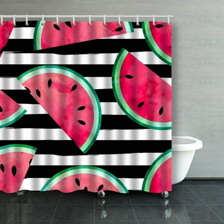 BPBOP Fruity With Watercolor Paint Textured Watermelon Pieces Striped Shower Curtain Bathroom Curtain 66x72