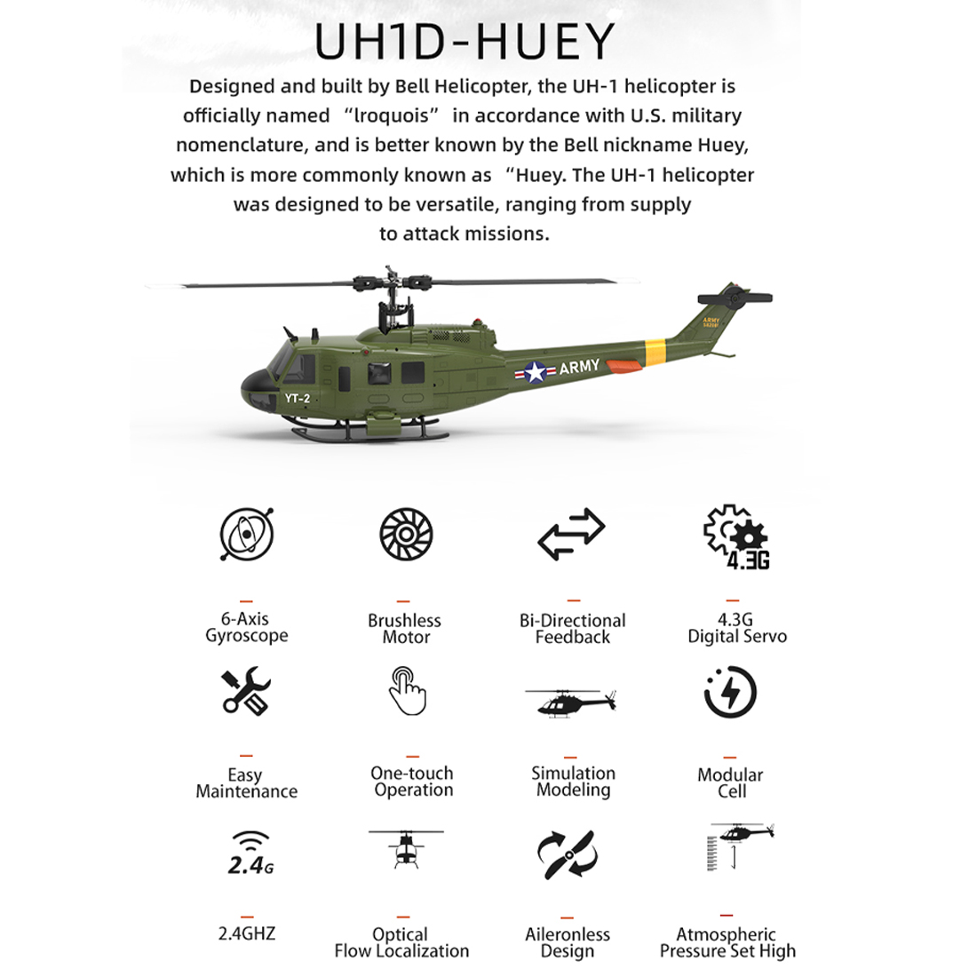 YUXIANG F07 UH-1 Huey 6CH RC Helicopter, 1:34 Scale Brushless Flybarless Helicopter with Optical Flow & Altitude Hold, 2.4GHz Military Aircraft Model Gift for Adults (RTF Version)