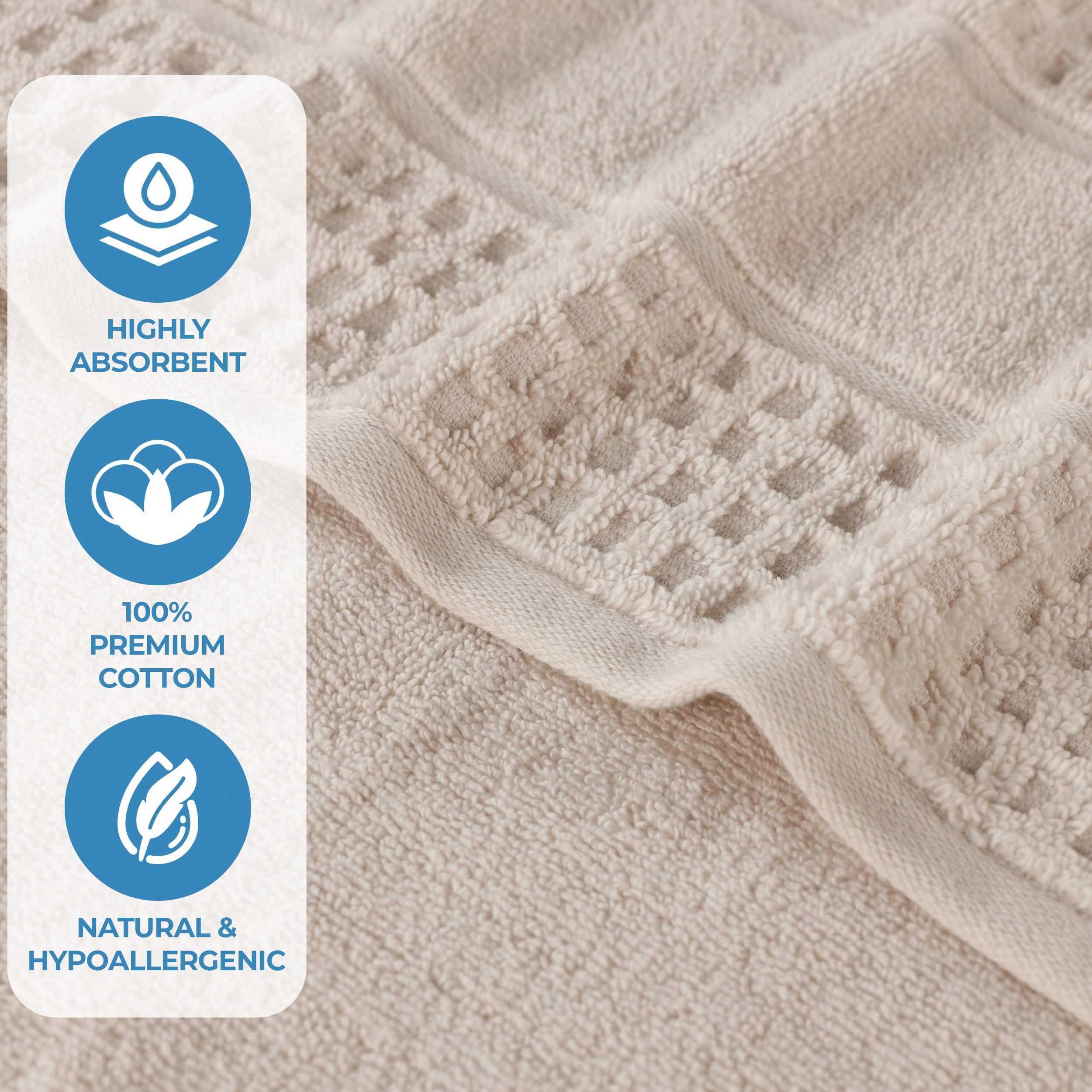 Superior Zero Twist 8-Piece Cotton Towel Set, Waffle Border Ultra Doft Quick Dry Towels, Ivory