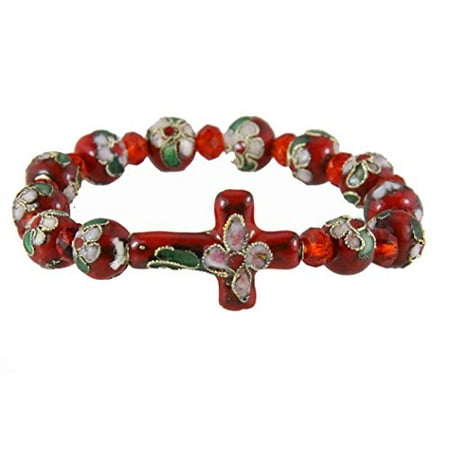 Crystal Enamel Cloisonne - Christian Cloisonne Cross Leaf Enamel Filigree Stretch Bracelet