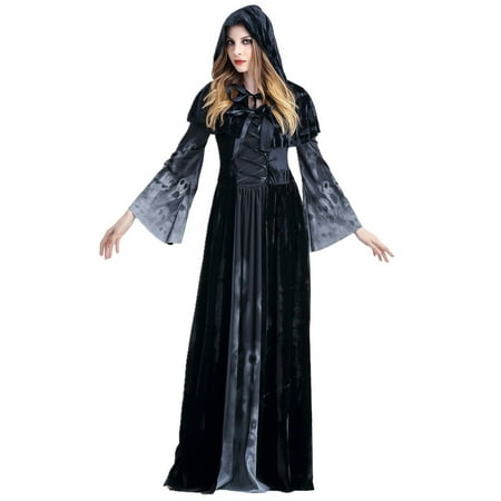 

Women Gothic Dress with Hood Medieval Costume Corset Flare Sleeve Goth Dress Lace Up A Line Dress Vintage Floor Length Gown