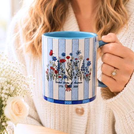 Patriotic Floral Mug, America 250 Faux Stained Glass Coffee Cup, Independence Day Fourth of July Gift, Wildflower USA Mug