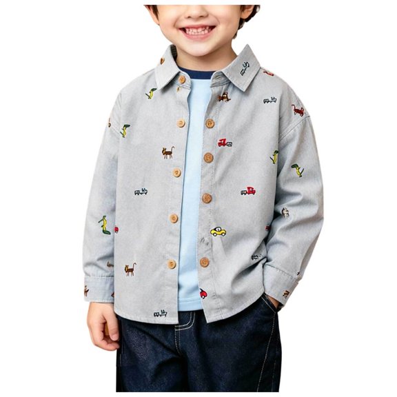 RFQWOVSR Boys' Long Sleeve Cotton Shirt with Print for School Wear