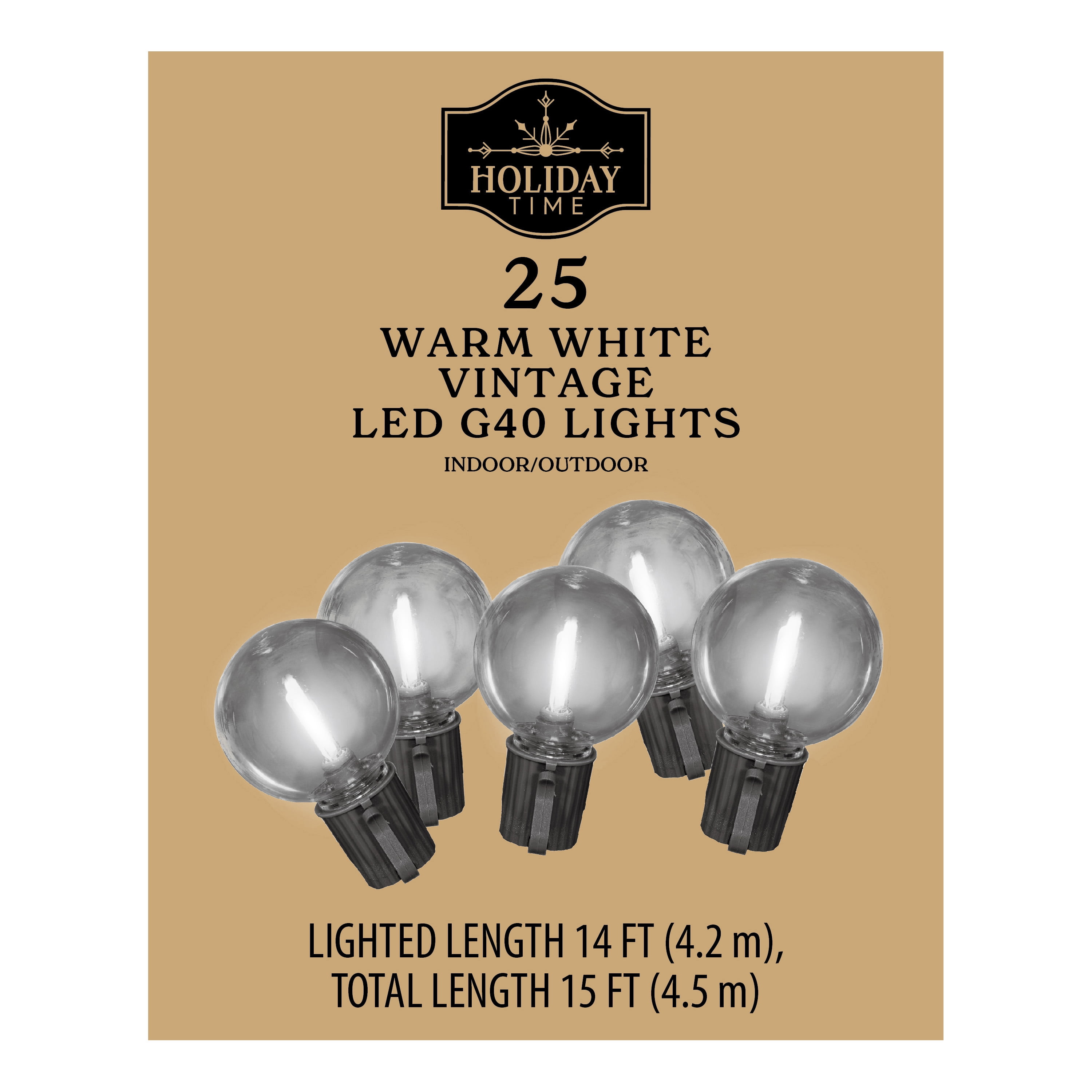 Indoor/Outdoor 25-Count Extra Bright LED Vintage-Style G40 Globe Christmas String Lights, Warm White, 14', by Holiday Time