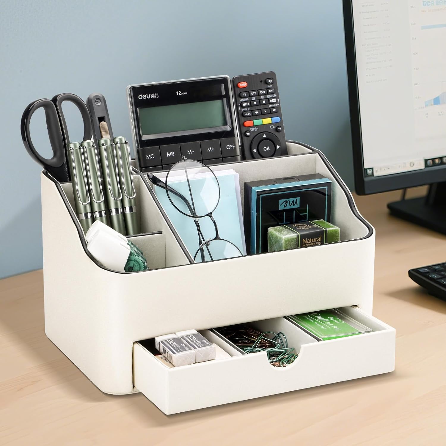 PU Leather Desk Organizer with Drawer, 5 Compartments Desktop Storage Caddy for Office Home Supplies, Pen Holder for Remote Control, Phone & Accessories, Mail Organizer Countertop Ivory White