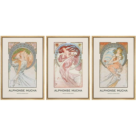 wall26 Framed Canvas Print Wall Art Set Alphonse Mucha Art Nouveau Floral Posters Nature People Illustrations Fine Art Decorative Retro Portrait for Living Room, Bedroom, Office - 16"x24"x3