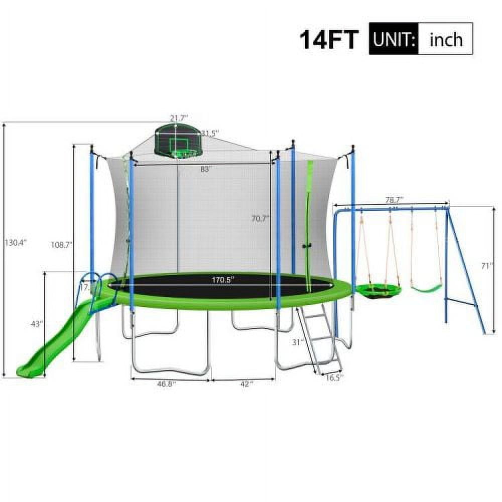 14FT Trampoline Set with Swing, Slide, Basketball Hoop,Sports Fitness Trampolines with Enclosure Net, Recreational Trampolines for Kids