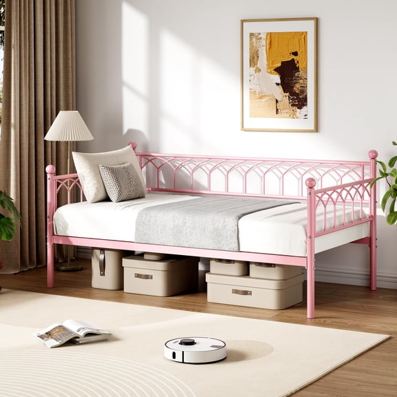 Garvee Twin Size Daybed, Sofa Bed Frame with Metal Steel Slat Support, Heavy Duty Metal Bed Frame, Space Saving, Easy Assembly, for Small Spaces, Living Room, Bedroom, Apartment, Pink