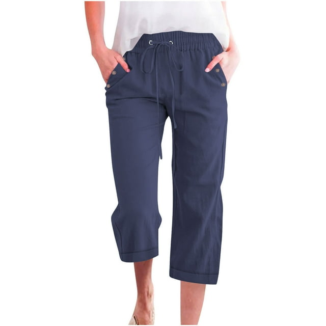 hotojiny Plus Size Spring Clothes for Women Lightweight Cotton Linen Capris Drawstring Elastic Waist Cropped Pants with Pockets