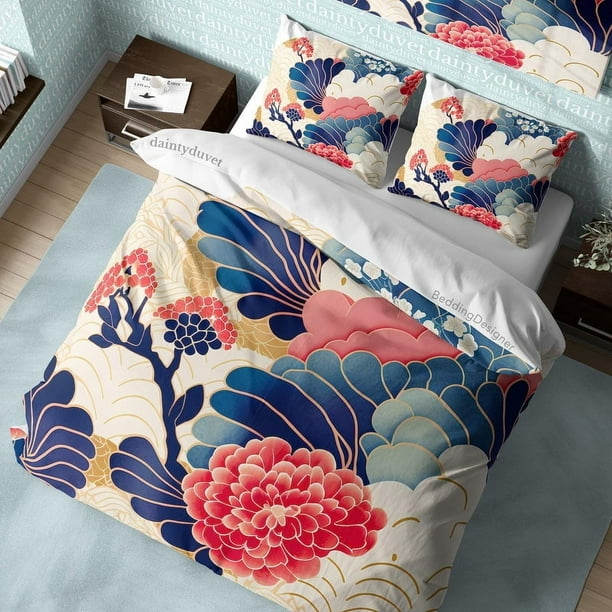 Dalia Roja Funda Nórdica Oriental Patrón Funda de edredón, juego de cama floral Planta