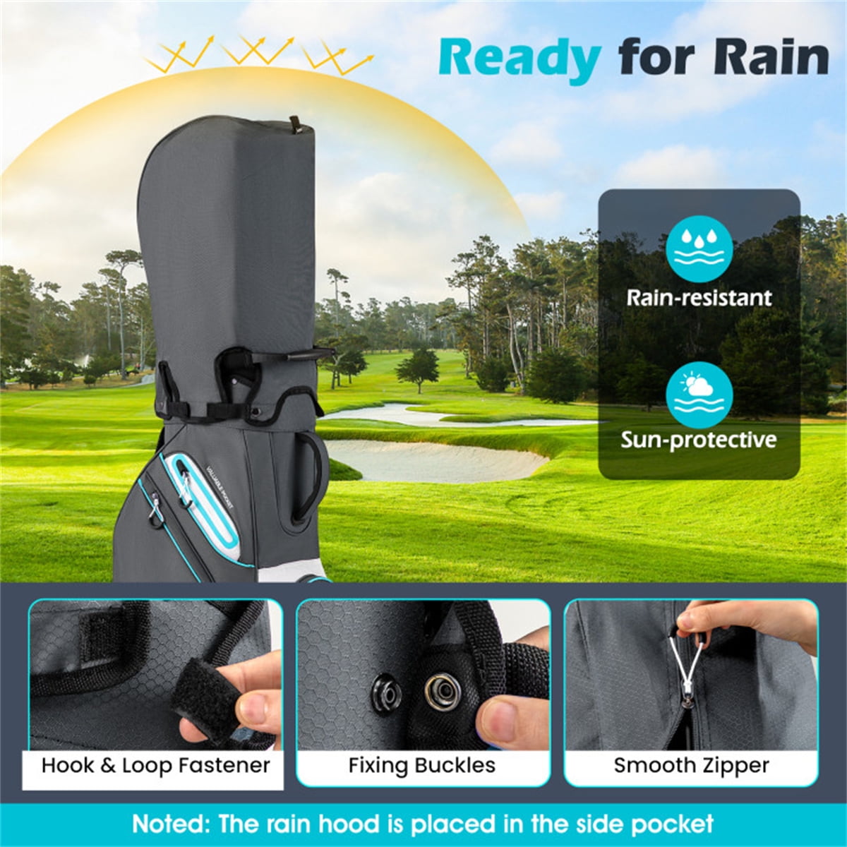 14 Way Golf Cart Bag 6 Zippered Pockets With Cooler Waterproof Zippers Gray Blue 4.7Lbs 33.5In Height 14 Divider Top Putter Well Rain Hood Umbrella Holder Polyester Lightweight Cart Bag Pro