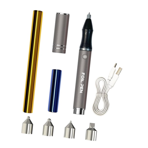 Pluma termoadhesiva USB con 4 puntas, fabricada en aleación de aluminio, kit de herramientas multifuncional para scrapbooking, pluma termoadhesiva par Gris