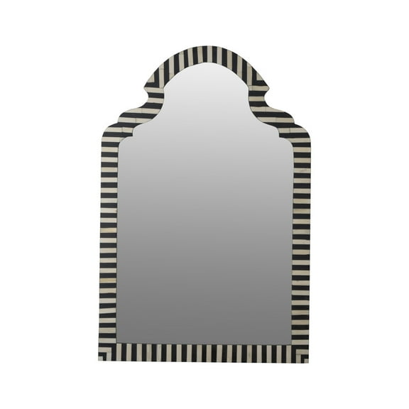 RUDRAKSHA CORPORATION Arch-Top Bone Inlay Mirror Frame, Black & Ivory Striped Decorative Wall Mirror, Ornate Mughal Design for Entryway or Living Room
