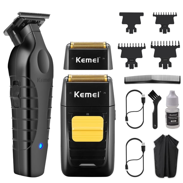 Recortadora de pelo profesional KEMEI inalámbrica para hombre, afeitadora de láminas con cabezales y mallas de repuesto, cortadora de pelo sin espacio entre cuchillas y cuchilla en T, afeitadora eléct