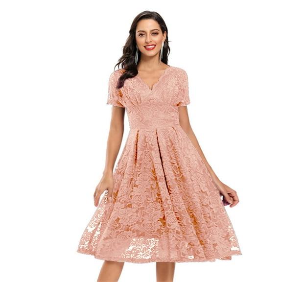 IROINNID Formal Dress for Women Wedding Guest Homecoming Party Trendy Lace Short Sleeves Cocktail Prom Ballgown Vintage Dress,Pink