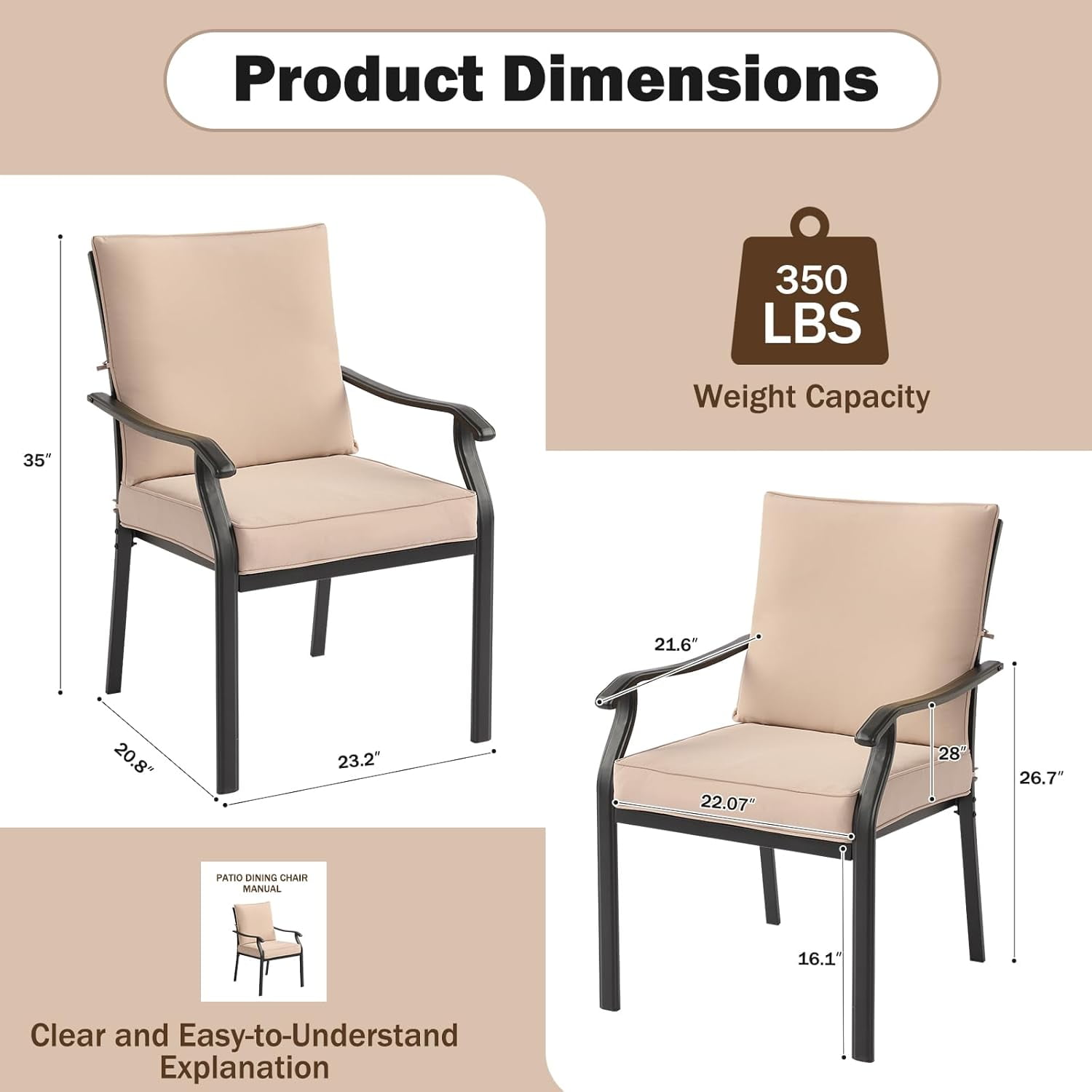 2 Pieces Patio Dining Chairs, Outdoor Metal Chairs with Armrests & Cushion, Metal Frame Stackable Patio Dining Chairs, Wrought Iron Outdoor Chairs for Garden, Balcony, Deck (2 Pieces)
