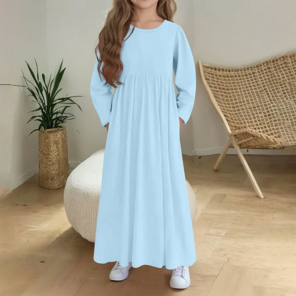 UQJfacai Girls Maxi Dress Ruffle Long Sleeve Crewneck Fall Dresses with Pockets Kids Casual Holiday Winter Clothes for 4-14 Years