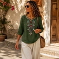 thumbnail image 2 of PBFRDSJ Cotton Linen Tops for Women Lightweight Retro Embroidered 3/4 Sleeve Bohemian Peasant Shirts Plus Size V Neck Casual Summer Beach Boho Tops, 2 of 9
