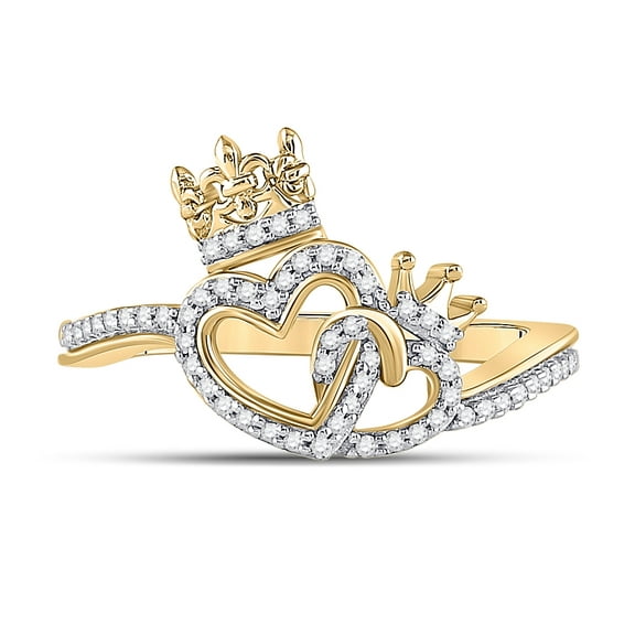 10K Yellow Gold Womens Round Diamond King Queen Heart Ring 1/6 Cttw, Womens Size: 5-10