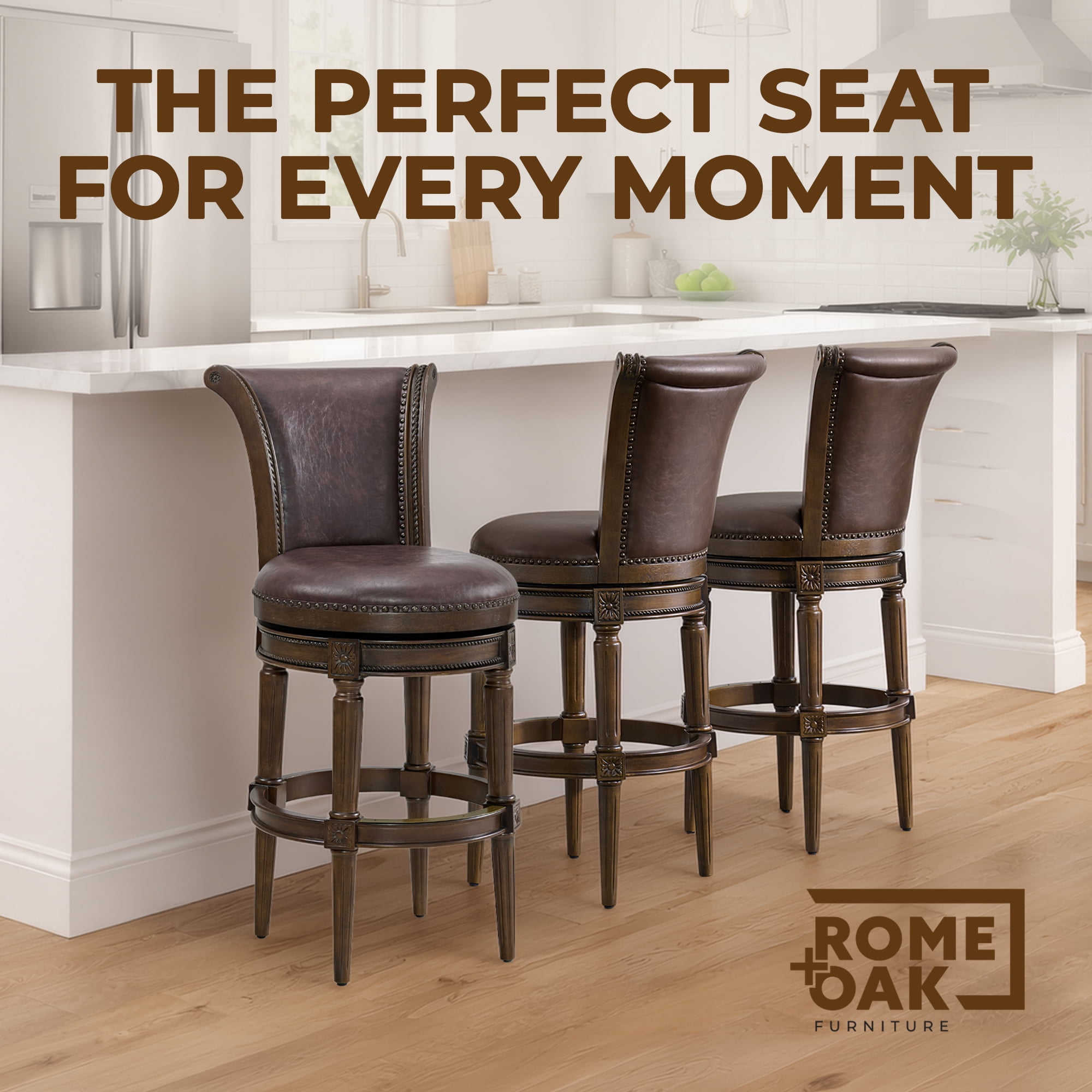 ROME + OAK Runyan 31" Swivel Bar Stool, Dark Walnut Wood, Vintage Brown Faux Leather, Set of 3