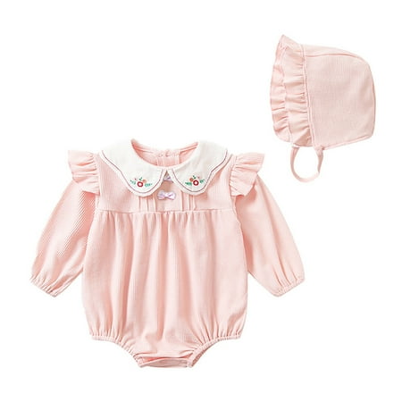 

WUXIAN Toddler Girls Long Sleeve Embroidery Print Collar Ruffle Knitted Strip Romper With Solid Color Pink Ruffle Hat Baby Onesie Children Versatile Dailywear