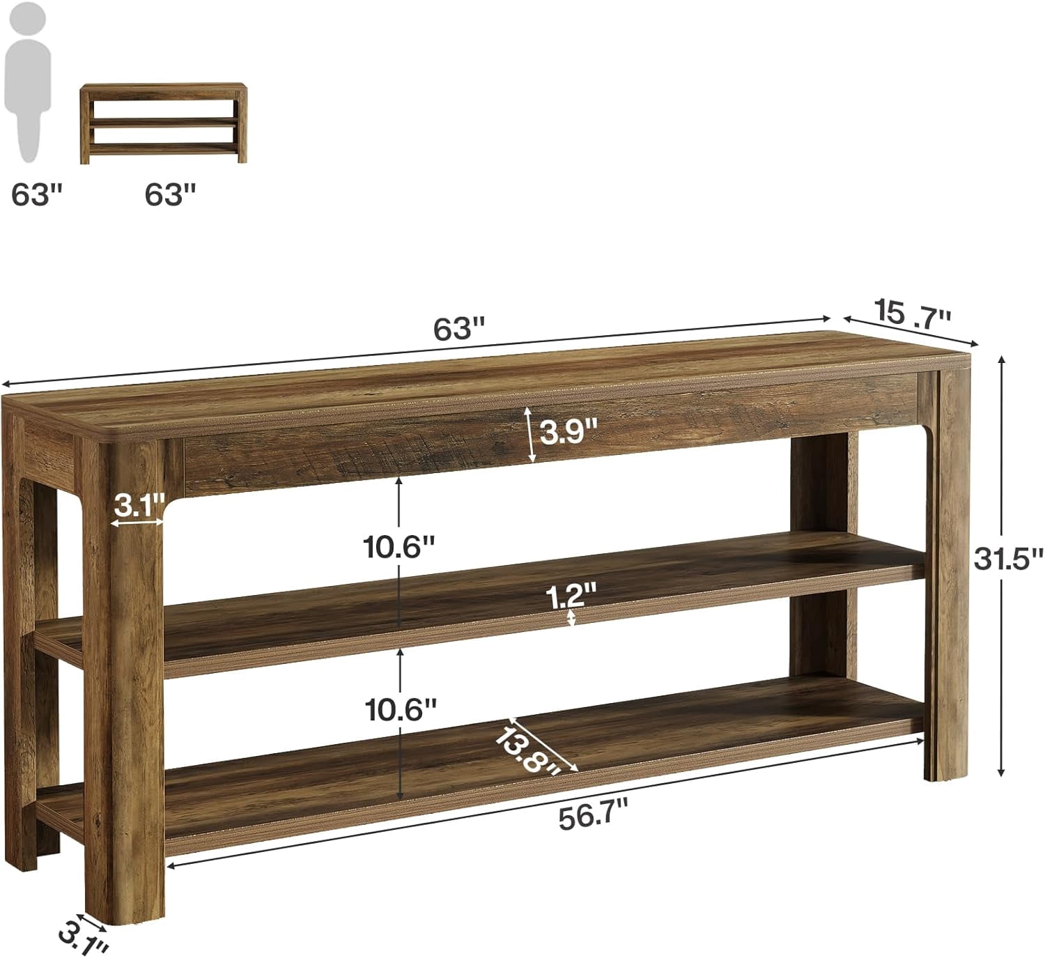 Finmind 63" Sofa Entryway Table, Farmhouse Wooden Console Table with Storage Shelves, Rustic Brown