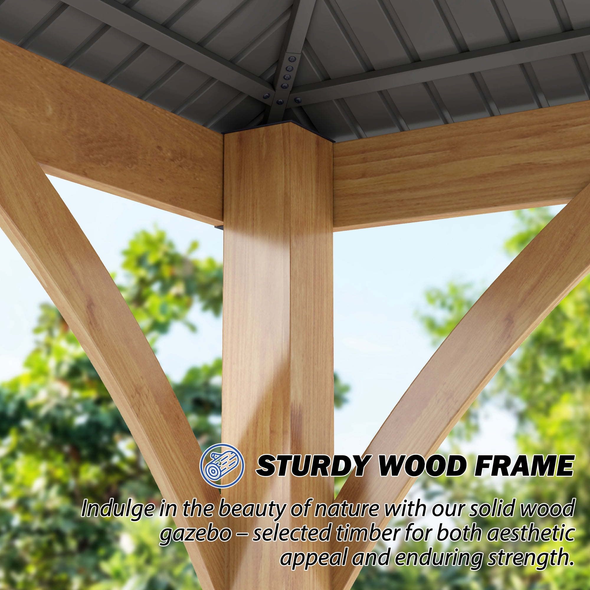 Howsvn 13 ft. x 15 ft Outdoor Hip Roof Spruce Wooden Gazebo, Heavy-duty Hard Top Steel Metal Roof Gazebo Pavilion, Weather Protected Permanent Canopy for Patio, Garden, Backyard