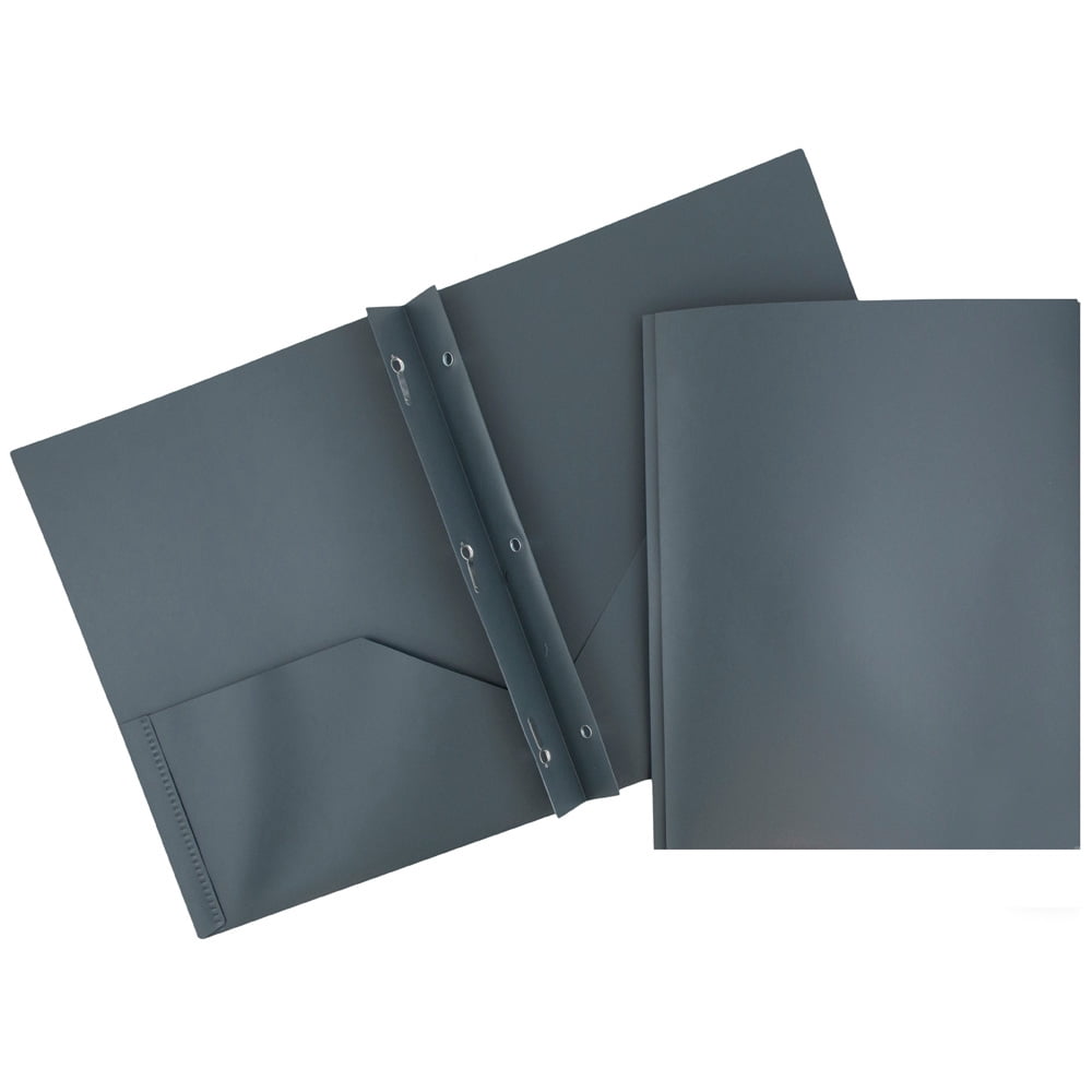 JAM Plastic 2 Pocket School POP Folders with Metal Prongs Fastener Clasps, Grey, 6/Pack
