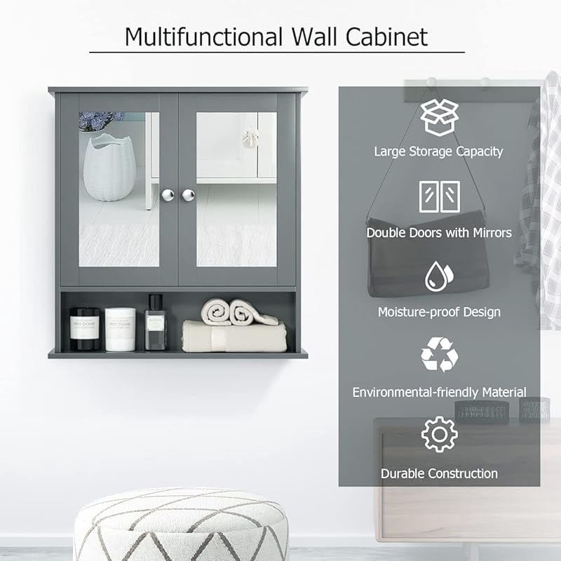 Bathroom Medicine Cabinet with Mirror, Wall Mounted Wooden Hanging Organizer with Doors and Shelves, Bathroom Wall Mirror Cabinet