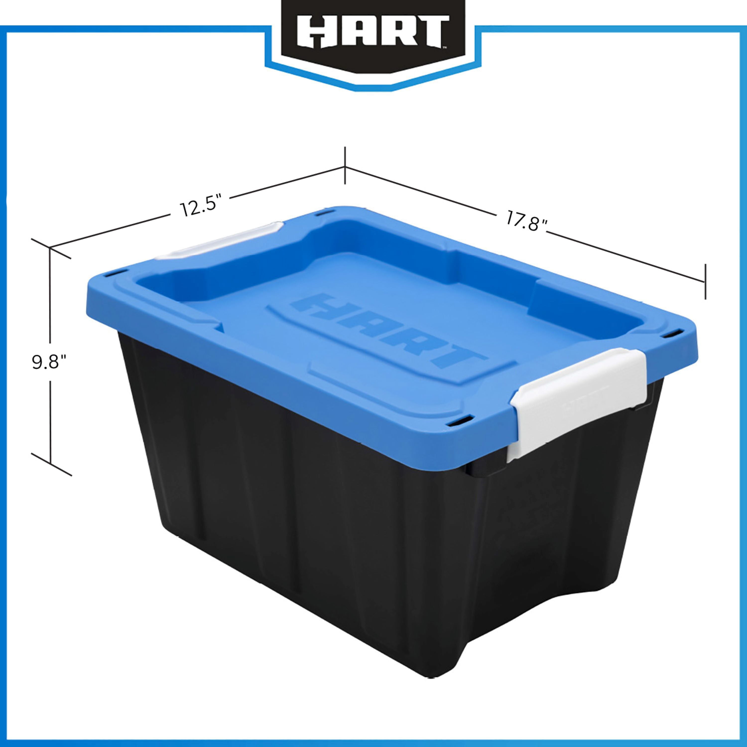 HART 18 Gallon Water Resistant Plastic Storage Bins, Black with Blue Lid