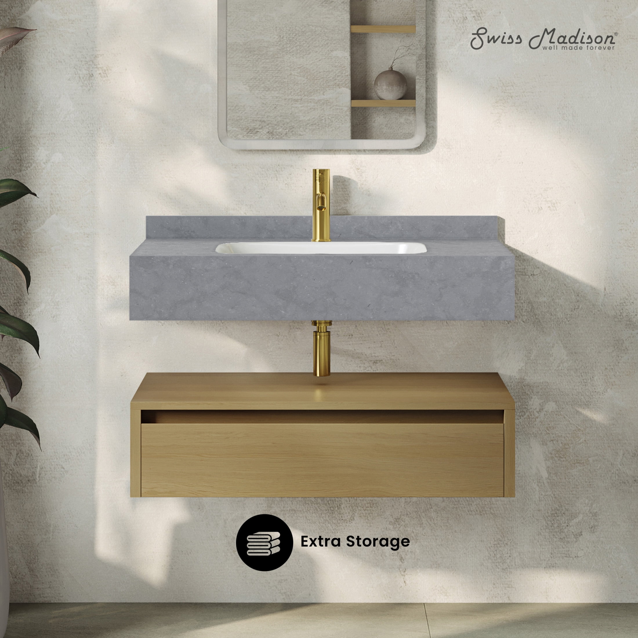 Avancer 36" Wall-Mounted Bathroom Vanity in Natural Oak with Charcoal Gray Sink Top