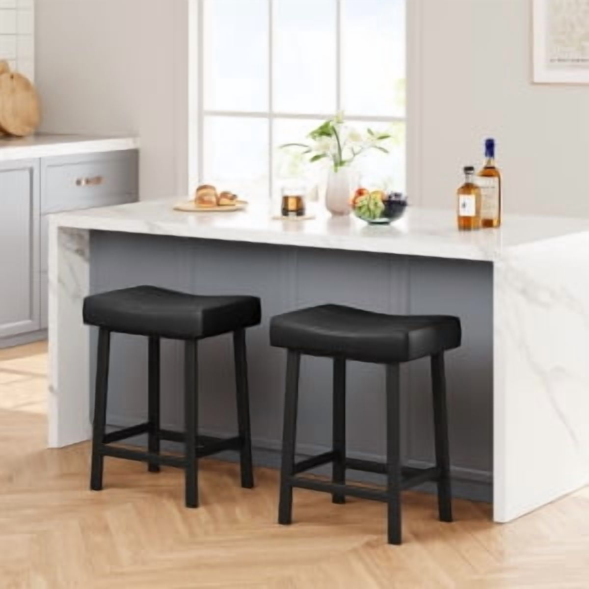 Acekid Bar Stool Set of 4&nbsp;– 24 Inch Counter Height, Upholstered Padded Seat with Curved Surface, Ergonomic Saddle Design for Kitchen/Home, Black + Black Cushion
