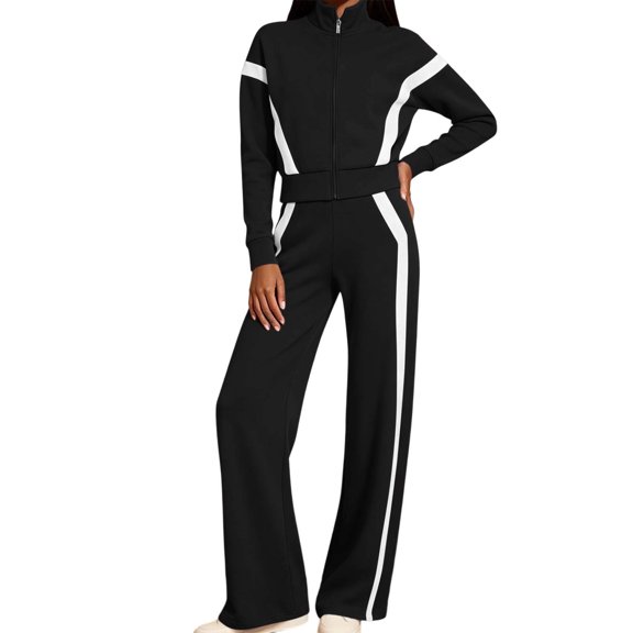 Wenini Women's 2 Piece Tracksuit Set Long Sleeve Zip up Short Top with Wide Leg Pants Color Blocking Sportswear Outfit
