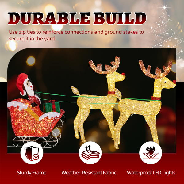 Lighted Christmas Reindeer & Sleigh Set, 270 Warm White LEDs, Collapsible Design for Indoor, Outdoor Home, Yard Decor