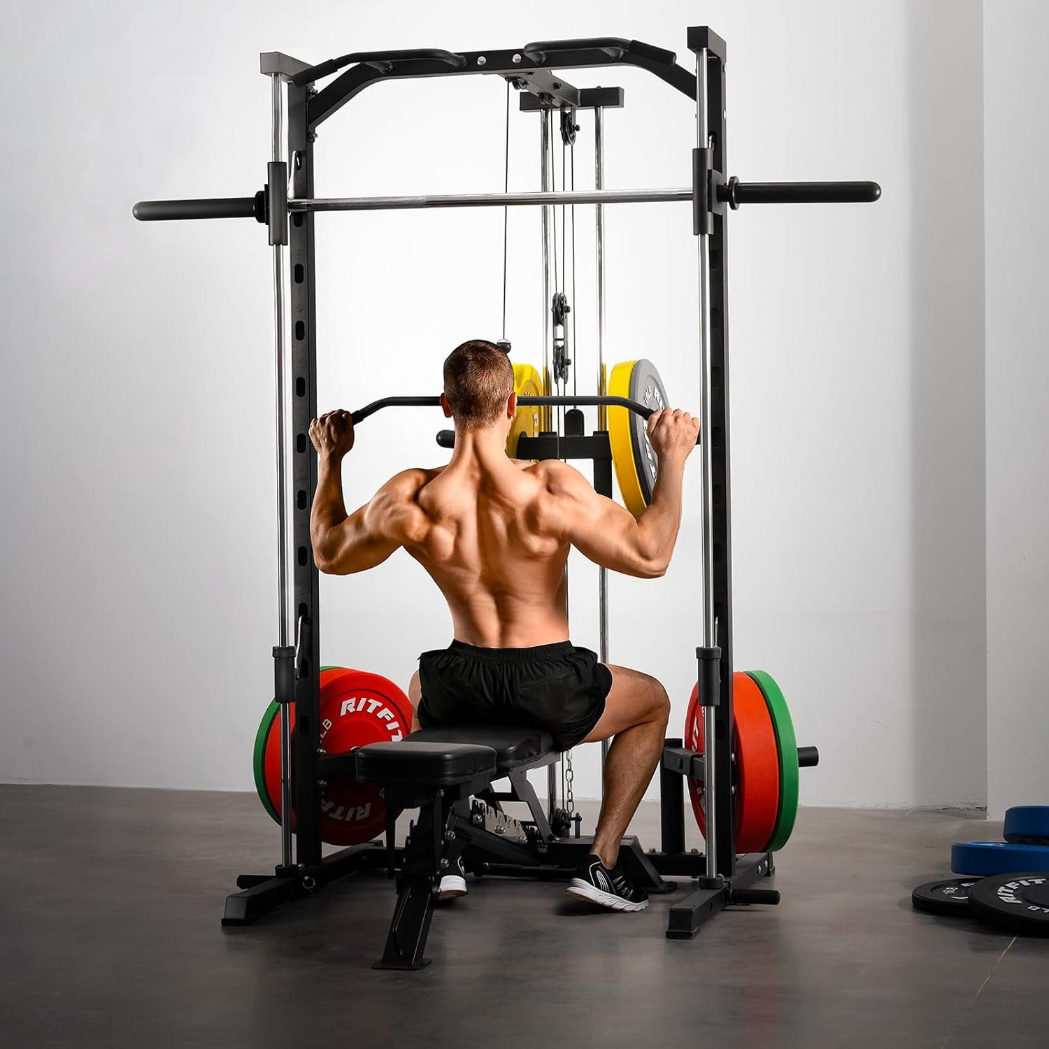 RitFit Smith Machinefor Home Gym, Power Cage Weight Half Rack Weight Lift with LAT-Pull Down System, Landmine (Smith Machine (with Weight Bench and Rubber Plates 140 LBS))