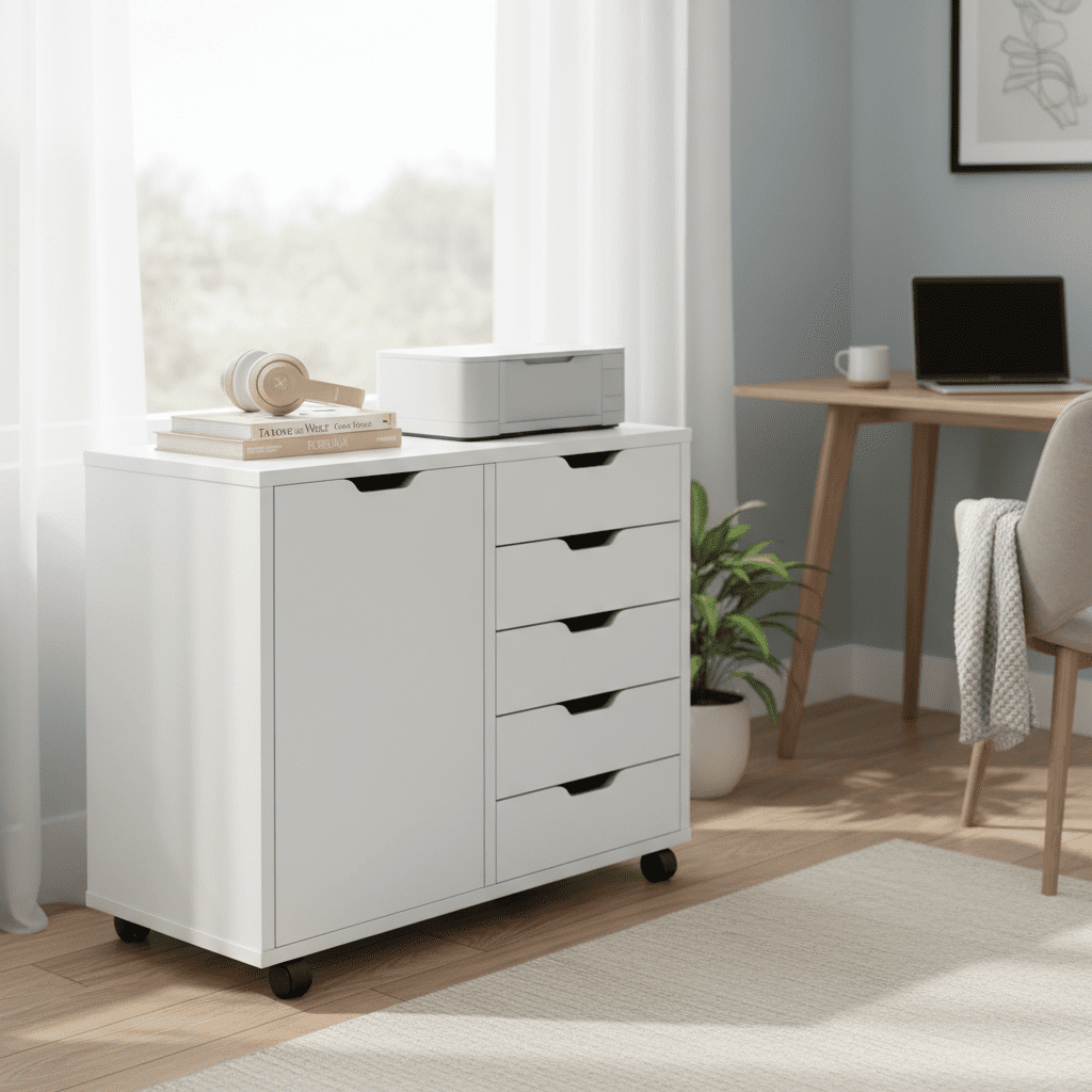 IULULU 5-Drawer Rolling File Cabinet with Wheels - Mobile Wood Storage Organizer & Adjustable Printer Stand for Home Office, White