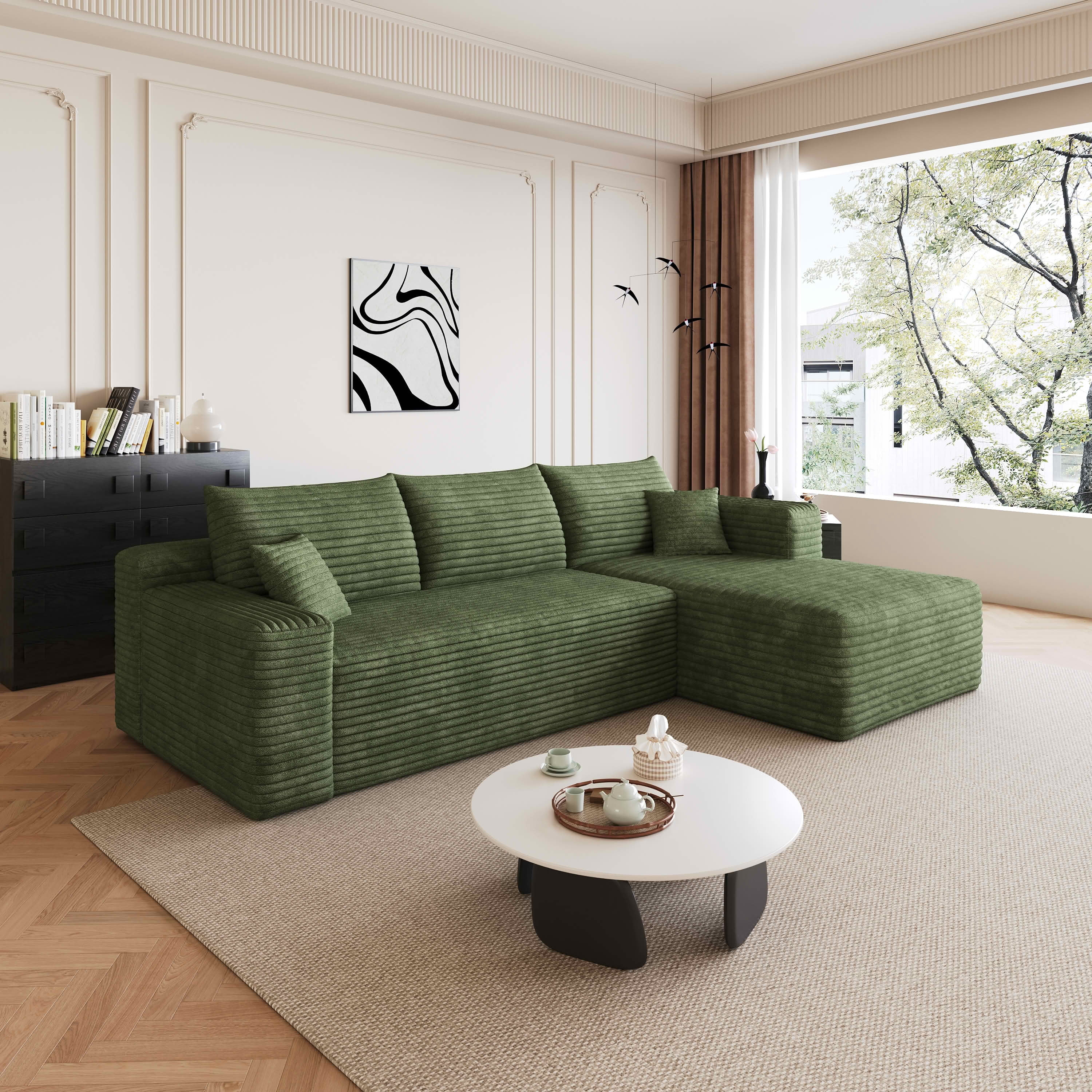 MAYEERTY 95" Cloud Sectional Sofa, U-Shaped Corduroy Upholstered Deep Seat Couch, No Assembly for Living Room, Green