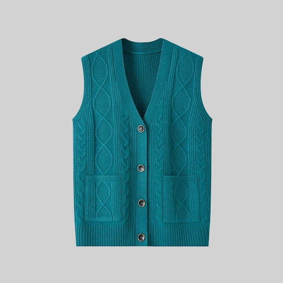 IUYRTFE Women V Neck Button Down Knit Vest with Pockets Casual Sleeveless Cardigan for Fall Winter Daily Wear