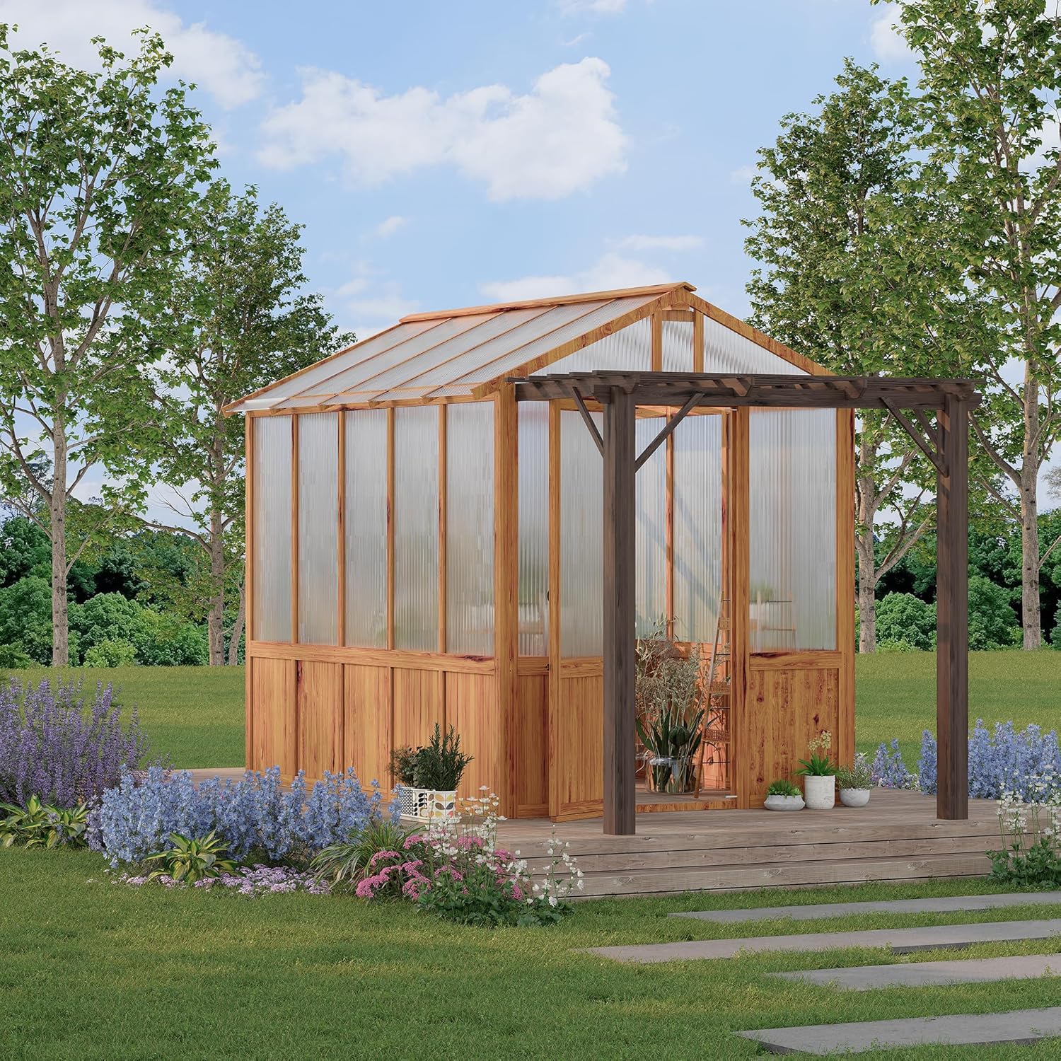 7x13 FT Walk-in Greenhouse with Pergola – Cedar Wood Frame, Clear