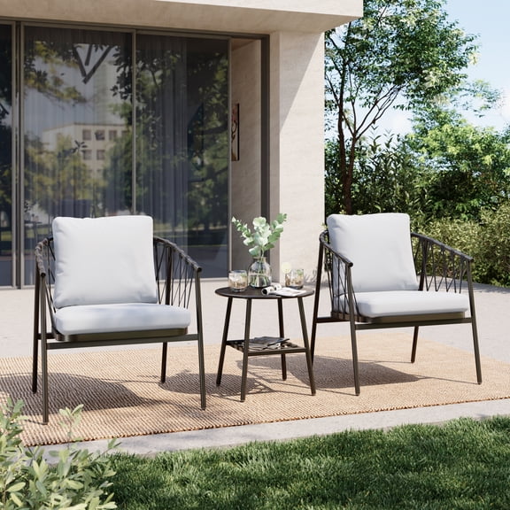 Lausaint Home Adult 3 Piece Iron Outdoor Bistro Sets with 2 Chairs and Cushions, Black/Gray