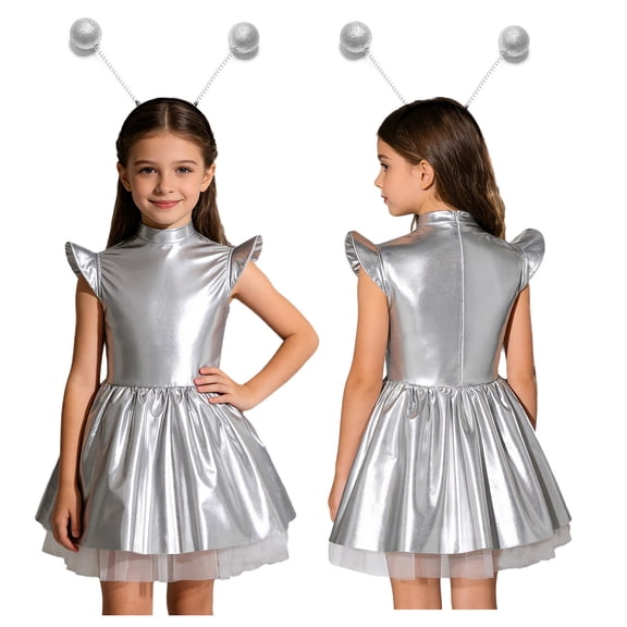 iiniim Girls Space Alien Dress Cap Sleeve Metallic Holographic A Line Tutu Dress Set Outer Space Outfits Silver 16